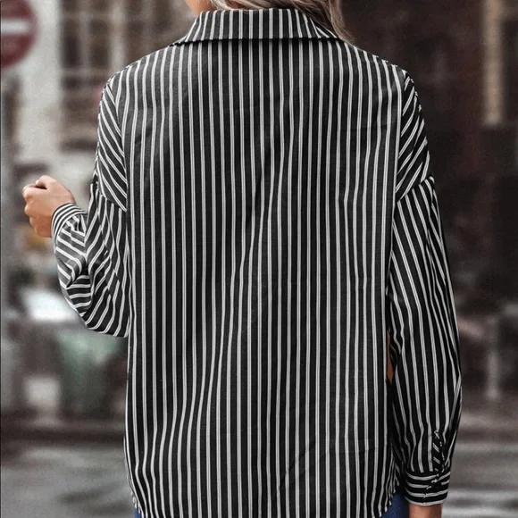 Classy Elegant Oversized Stripe Button Down Top Blouse Shirt - Picture 2 of 6